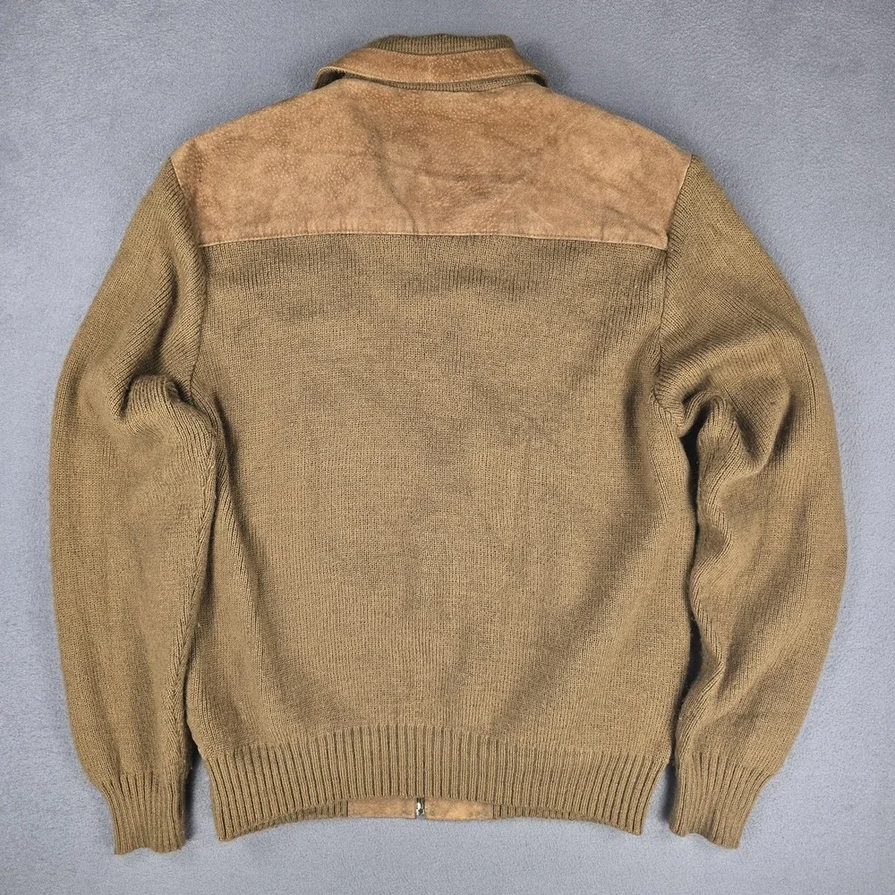 Original Windbreaker Jacket Mens Medium Beige Leather Knit Bomber Zip Striped‎ - Picture 3 of 8